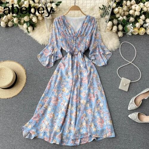 Women Bohemian Floral Dress Design Irregular Long Sleeve V Neck A-line Dresses Summer Korean Chiffon Print Beach Dress