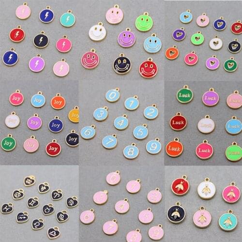 10pcs 12*15mm Round Number Smiley Face Heart Shaped LUCK Enamel Mini Charm Suitable for DIY Necklace Bracelet Jewelry Accessori