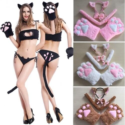 2019 Hot 1 Set Cat Animal Ears Plush Paw Claw Cotton Gloves Tail Ribbon Anime Cosplay Costumes 5 Colors Gloves