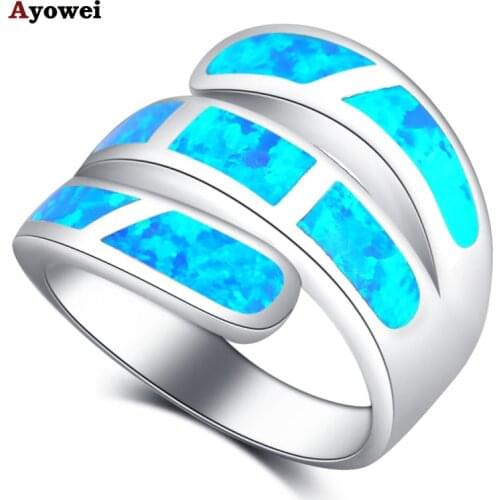 Ayowei Prom Gifts for Women Best Blue Fire Opal silver color Stamped Rings Brand Fashion Jewelry USA Sz#5#6#7#8#9#10 OR869A