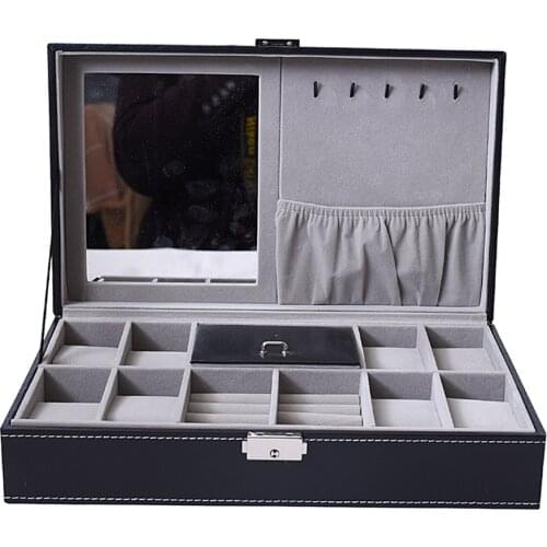 PU Leather Watch Box Necklace Earring Jewelry Storage Show Case with Mirror 33.2x20x8.5cm