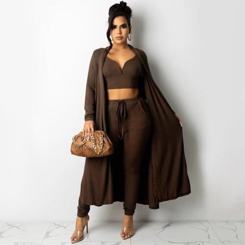Solid 3 Three Piece Pant Suits Autumn Winter Clothing Spaghetti Strap Deep V Neck Crop Top+drawstring Pencil Pant+cardigans