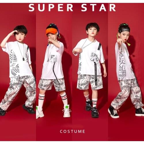 Childrens Day Hip Hop Street Dance Costume Girls White Tops Pants Fashion Printed Outfits Jazz Dance Performance Wear BL6143