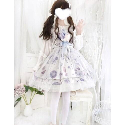 Sea Moon Jellyfish jsk strap lace bow Lolita girl high waist dress Princess tea party sweet lolita dress vintage lace bowknot
