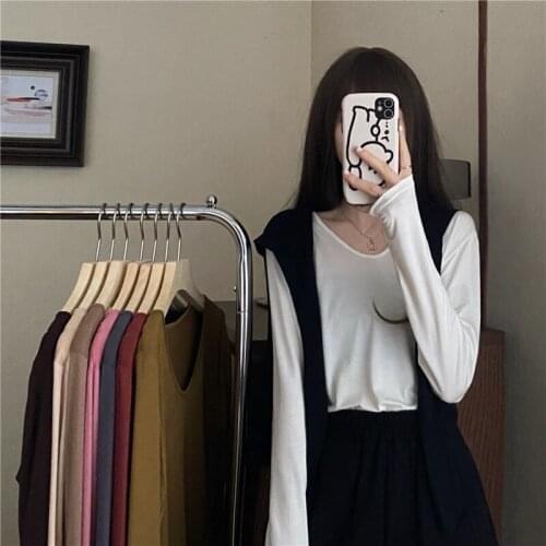 V-neck Literary Bottoming Shirt Women Spring and Autumn All-match Harajuku Style T-shirt Women Long-sleeved Slim