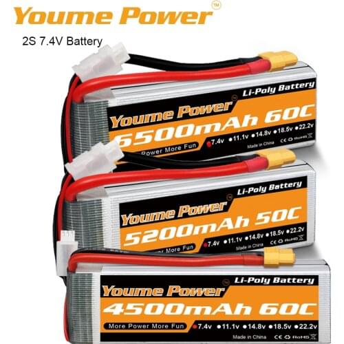 Youme 2S Lipo Battery 7.4V 3300mah 5200mah 6200mah 6500mah Drone Battery 50C With XT60 T Plug For RC Car Truck Boat Helicopter