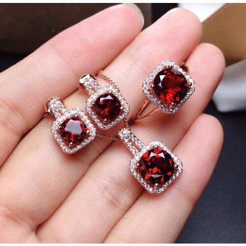 Best Gift Real Natural Natural Garnet Jewelry Set 1pc Ring 1pc Pendant 1pair Earrings 925 Sterling Silver High Jewelry
