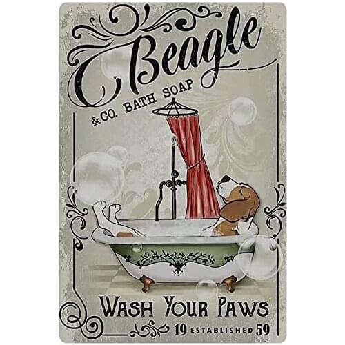Dog Metal Tin Sign Beagle Co. Bath Soap Wash Your Paws Poster Toilet Bathroom Art Wall Decoration