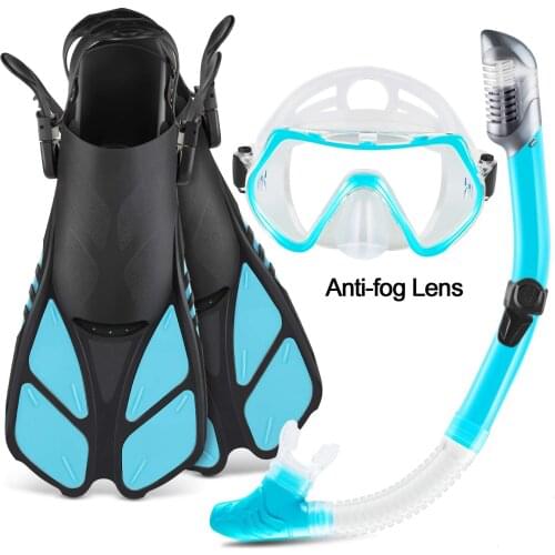 Mask Fins Snorkel Set with Adult Snorkeling Gear, Panoramic View Diving Mask, Dry Top Diving Set +Travel Bags Swimming