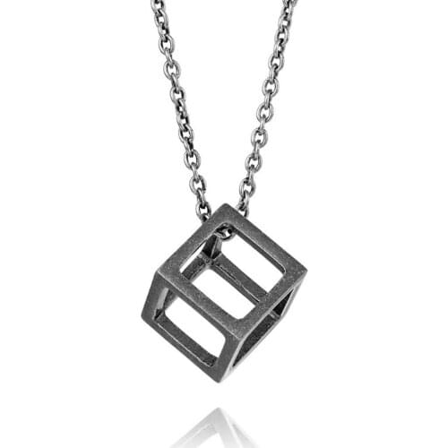 Stainless Steel Black Vintage Hollow Cube Men Punk Rock Geometry Pendant Necklace Jewelry Gift For Him with Chain