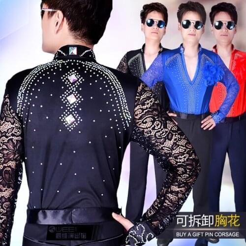 New Latin Dance Tops For Men Rhinestone Shirt Standard Ballroom Shirt Professional Male Latin Dance Competition Clothes BL18