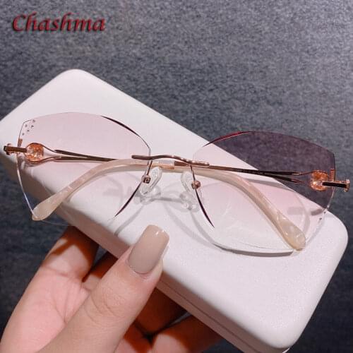 Chashma Rimless Light Frame Diamond StonesTrend Eyeglasses Titanium Flexible Spectacles for Women