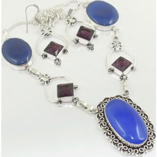Amethysts & Chalcedony Necklace + Ering Silver Overlay over Copper , 53.5cm, N3687
