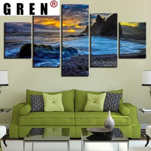 GREN Landscape Sea Beach Ocean Sunrise Lighthouse Tropical 5 Piece Wall Pictures For Living Room Color Painting Art Home Decor