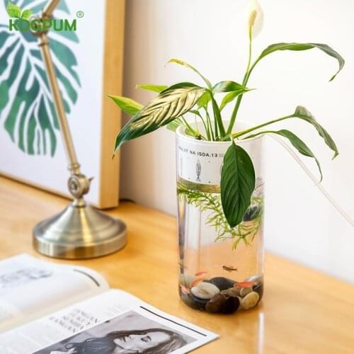 Plastic Flower Pot Desktop Glass Round Fish Tank with Air Pump Automatic Irrigation Hydroponic Plant Planter Home Decorative