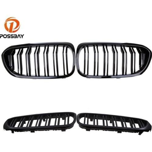 POSSBAY Double Slats Front Kidney Hood Center Grilles for BMW 5-series G30 Sedan 2017-Present Gloss Black Racing Grills Styling