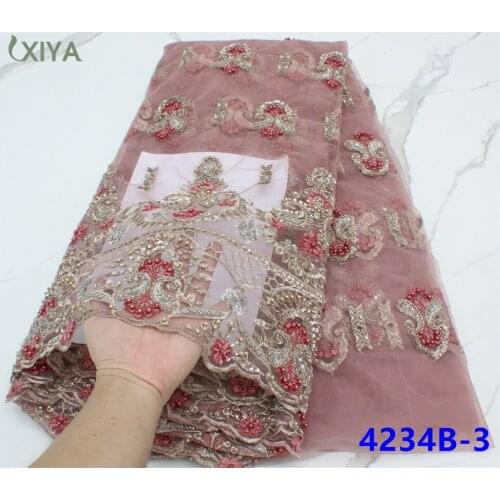 High Quality African Lace Fabric Handmade Beads Lace Fabric French Mesh Tulle Lace Fabric with Beads Nigeria Net Lace APW4234B