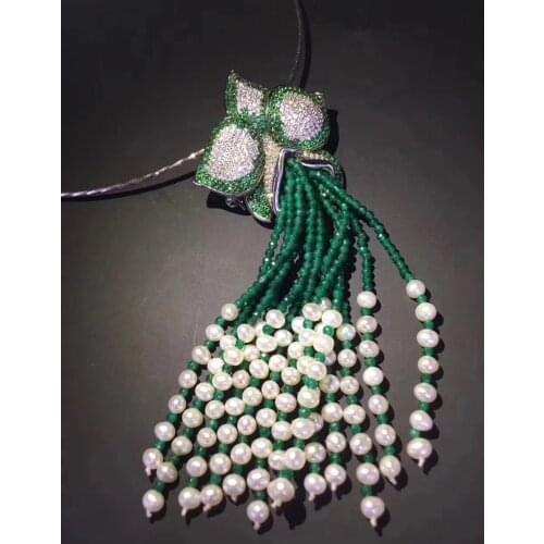 Green color 925 sterling silver flower pendant natural fresh water pearl and agate tassels fine women jewelry free shipping