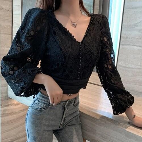 Sexy Blouse Womens Autumn 2021 New Western Style V-neck Beaded Puff Sleeve Fashion Hollow Bow Lace Shirt Short Blouse Women