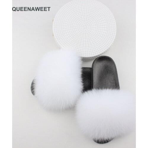 Women Shoes Summer Solid Fox Fur Slides Ladys Fluffy Fox Fur Slippers Women Fashion Jelly Woven Round Bags Drop Shipping