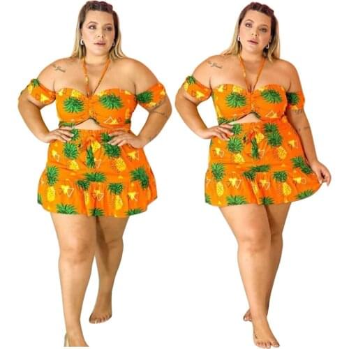 Plus Size Fruits Print Women Sexy Bohemian Two Piece Sets 2021 Summer Halter Slash Neck Backless Crop Tops Mini Skirts Outfits