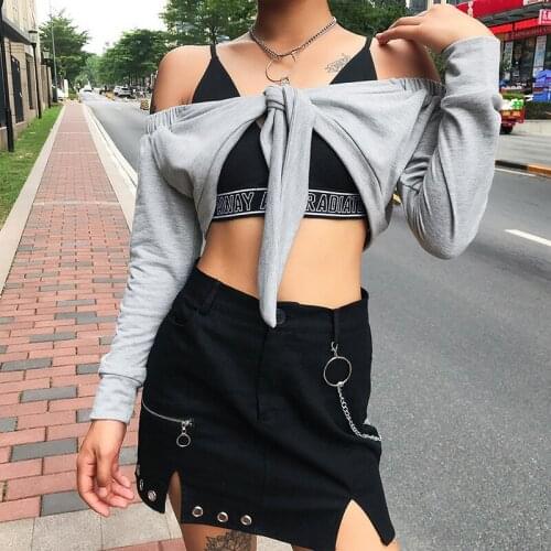 2019 Autumn Streetwear Sexy Off Shoulder Bandage Hoodies Faux 2 PCs Patchwork Sweatshirt Women Long Sleeve Navel Bare Crop Tops