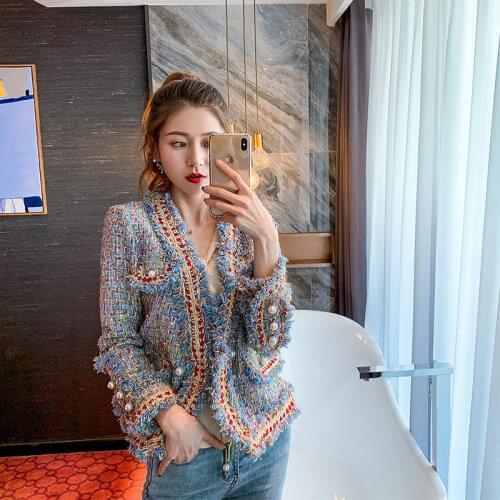 High Quality Spring Autumn Coat Women Single-breasted Vintage Tweed Woolen Jacket Coat Long Sleeve Tassel Short Jackets Outwear