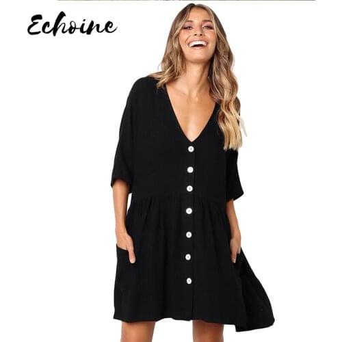 Echoine Sky Blue/Black/Beige/Green Natural Beauty Dress Women Summer V Neck Half Sleeve Casual Loose Buttons Dress with Pockets
