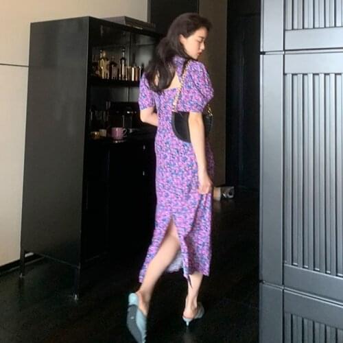 2021 Women Floral Printed Purple Elegant Long Maxi Dresses Vintage V-neck Female Beach Dress Casual Holiday Lady Vestidos Y340