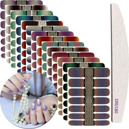 14tips/sheet Full Cover Wraps Nail Polish Stickers Strips Plain Nail Art Decorations Gradient Designs Glitter Powder ManicureTip