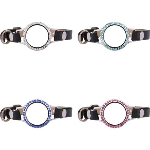 5pcs/lot 25mm Different color crystals Glass Locket 7cm+15cm Black Single Wrap PU Leather Bracelets Wristband With 50pcs Charms