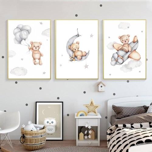 Abstract Bear Wall Art Poster Balloon Airplane Art Print Moon Star Cloud Canvas Painting Nordic Pictures Baby Kids Room Decor