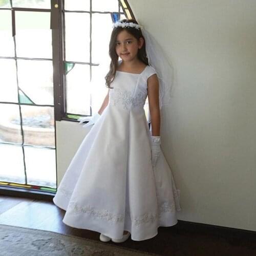 White Ivory Princess Satin Flower Girls Dress Square Neck Cap Sleeves Appliques Ruched Ankle Length Christening First Communion
