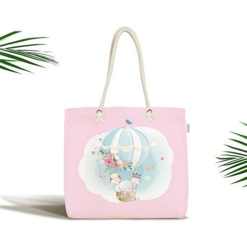 Child Bag-Pink Ground Flying Balloon Patterned Digital Printed Fabric Bag