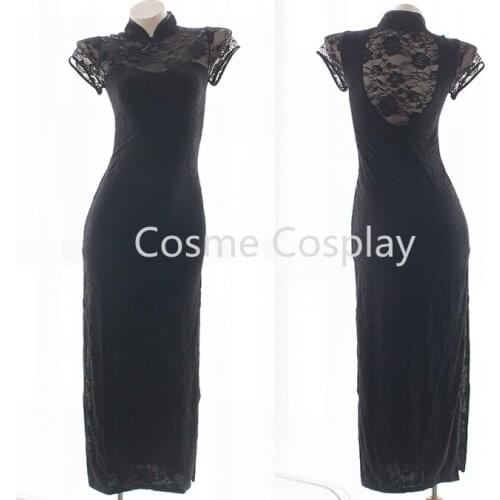 Chinese-Style Backless Long Cheongsam Sexy Lace Cutout Dress High Slit Slim-Fit Black Dress Sexy Costumes Women Black Slim Fit
