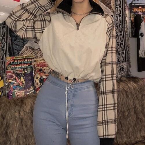 Autumn Argyle Sweater Womens Lapel Check Cropped Slim Top Printed Street Fashion Style Striped Crop Sweater