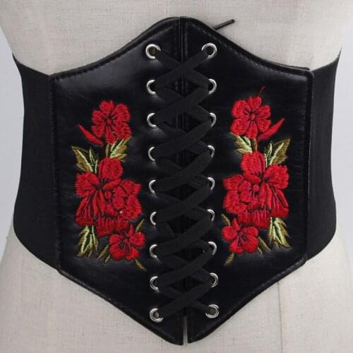 European Elastic Waist Embroidered Flower Belt Ladies Wide Lace Up Waistband Corset PU Leather Waist Slim Shaped Tied Belts