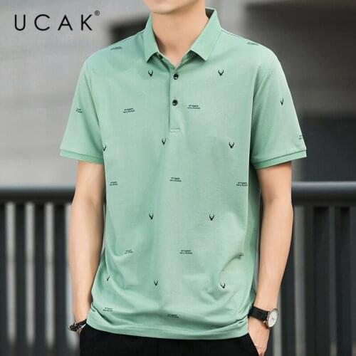 UCAK Brand Classic Turn-down Collar Print Words Short Sleeve T-Shirts Summer Fashion Streetwear Casual Silk T Shirt Homme U5495