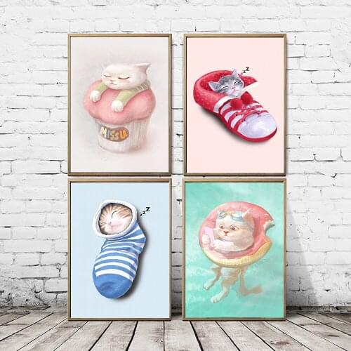 Canvas HD Prints Lovely Cat Poster Cartoon Home Decor Minimalist Painting Animal Wall Art Nordic Picture For Living Room Modular