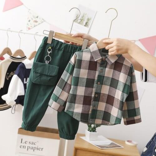 2Pcs Spring Autumn Cotton Children Clothing Sets Toddler Plaid Lapel Shirt+Pants Baby Boy Clothing Suit Kids Clothing Boys Sets