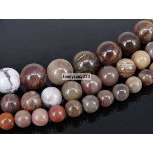 Natural Wood Fos-sil Stone Gems Stone Round Spacer Beads 15.5'' Strand 6mm 8mm 10mm for Jewelry Making Crafts 5 Strands/Pack