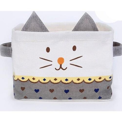 Cute kitten High Quality Cotton Linen Desktop Storage Basket Sundries Storage Box Desk Container Makeup Organizer handle