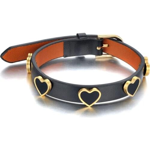 Trendy 18K Gold Stainless Steel Acrylic Heart Charm Bracelets For Women Girls Black White Leather Jewelry B21018
