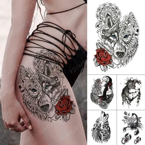 Waterproof Temporary Tattoo Sticker Wolf Totem Sexy Rose Flash Tattoos Mandala Henna Lace Body Art Arm Fake Tatoo Women Men