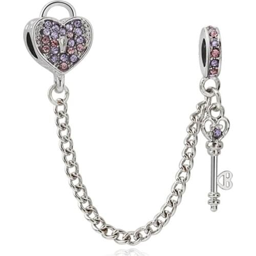 Pink CZ Heart Lock Safety Chain Charm Fit Original Pan Charms Bracelet Women Luck Key Stopper Beads for Jewelry Making Love Gift