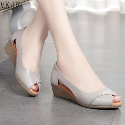 Genuine Leather Peep Toe Women Sandals Summer Wedge Shoes Woman Loafers Increasing Women Flats Shoes Sandalias
