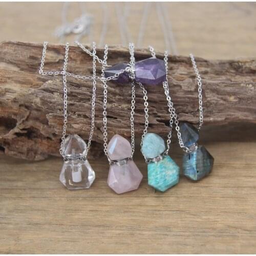Silvery Necklace Faceted Quartz Mini Perfume Bottle Pendant Labradorite Amazonite Essential Oil Vial Charm Chains Jewelry QC1006