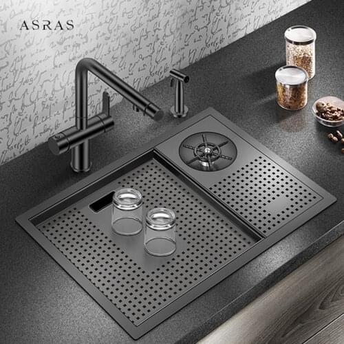 Nanometer Black Cup Rinser Hidden kitchen Sink 304 Stainless Steel 4mm Thickness Handmade Sink High Pressure Cup Washer Sinks