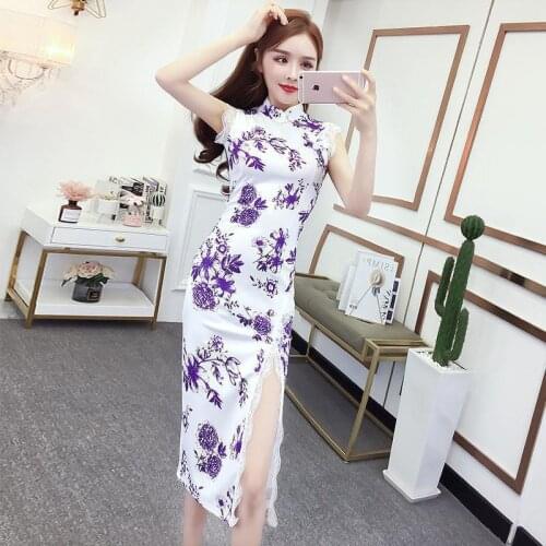 Modern Sexy Cheongsam Vintage Slim Lace Floral Printing Qi Pao Dress Women Chinese Style Traditional Vestidos Sleeveless