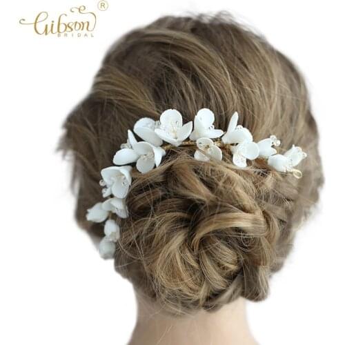 Gibson Bridal Elegant Hair Accessories White Ceramic Flower Hair Comb Pins Earring Wedding Party Headpiece Jewelry